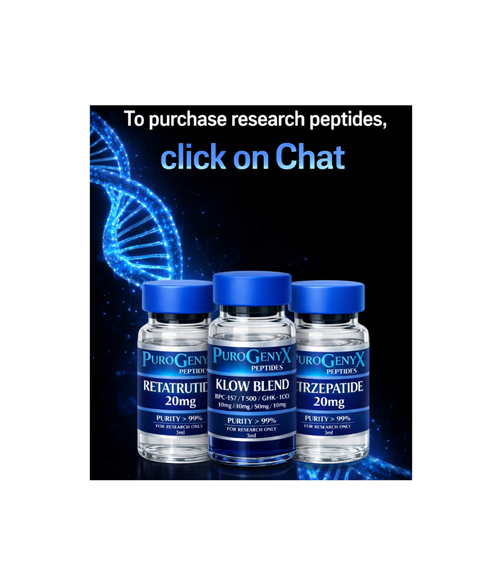 Three PuroGenX peptide vials with a chat prompt on a dark background
